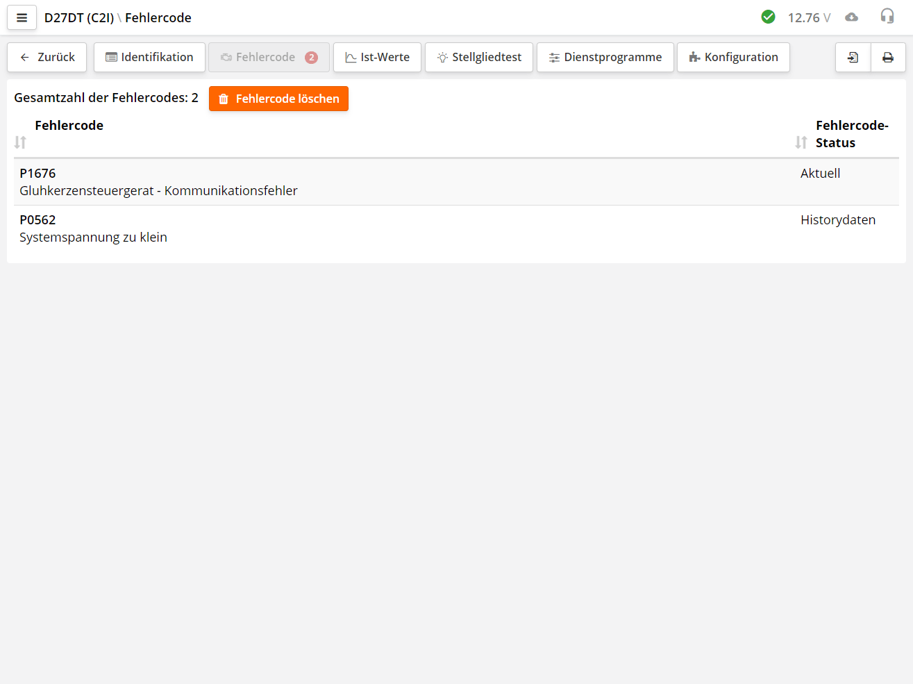 Liste der Fehlercodes (DTC)
